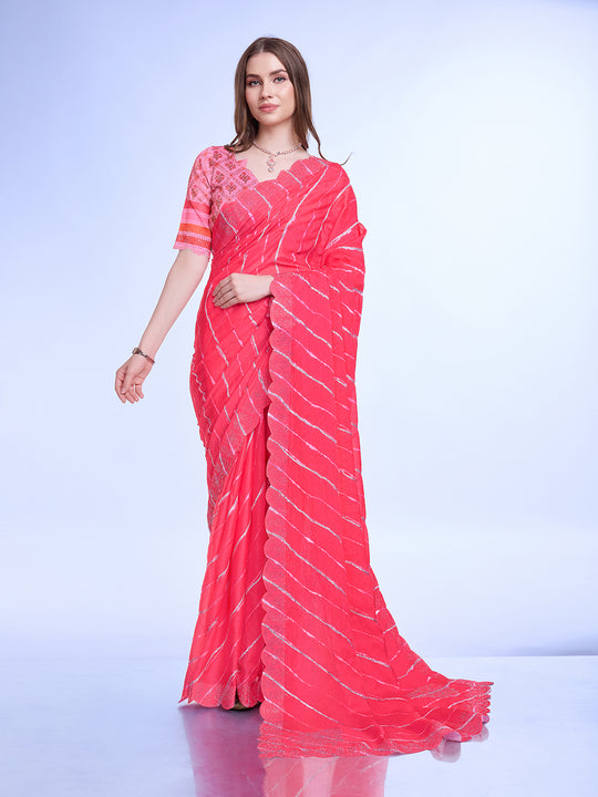 Pink Poly Chiffon Festival Saree With Blouse Piece