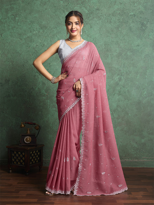 Pure Georgette Solid Embroidered Saree With Scalloping And Fancy Blouse