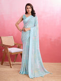 Sky Blue Silk Georgette Festive Wear Saree With Blouse Piece
