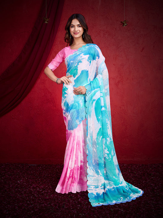 Light Pink Poly Chiffon Saree With Blouse Piece