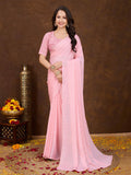 Peach Crepe Georgette Gold Foil Embellished Printed Saree With Blouse Piece