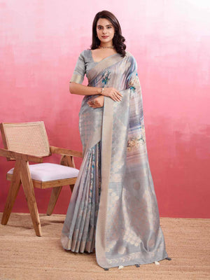Grey Cotton Banarasi Woven Rich Pallu Printed Saree With Blouse Piece