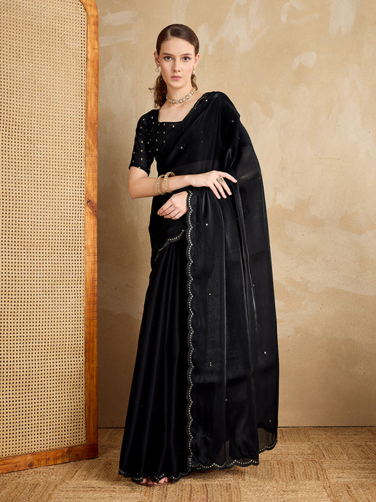 Embellished Mirror Work Organza Saree With Blouse Piece