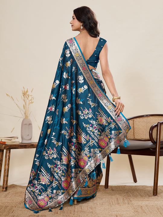 Teal Soft Silk Sarees Premium Two Tone Satin Fabric With Unique Pathani Type Designs Saree With Blouse Piece