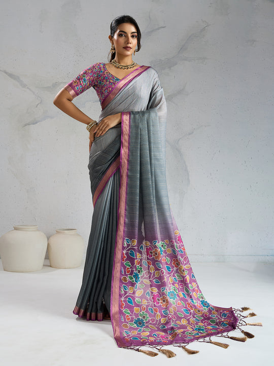 Pure Chiffon Digital Printed Woven Saree With Woven Border And Fancy Tassels