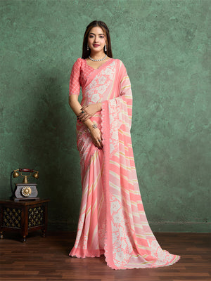 Poly Chiffon Leheriya Printed Saree With A Floral Touch And Swaroski Work With Scalloping