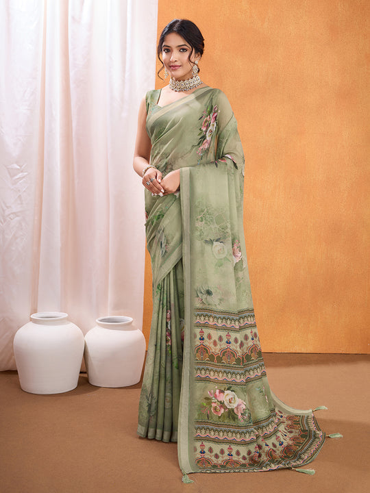 Green Poly Crepe Party Wear Saree With Blouse Piece