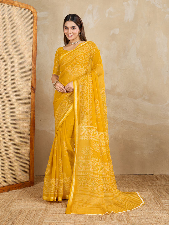 Pure Chiffon Bandhani Printed Saree With Viscose Woven Border And Blouse Piece