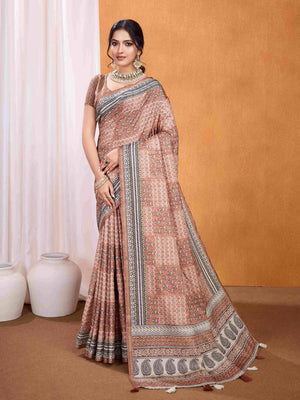 Brown Pure Tussar Silk Ajrakh Block Printed With Blouse Piece