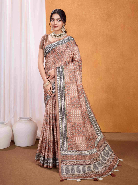 Brown Pure Tussar Silk Ajrakh Block Printed With Blouse Piece