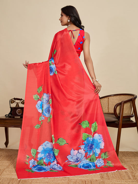 Red Chinon Saree All Over Single Colour Printed Saree With Blouse Piece