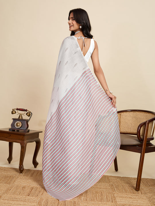 White Linen Saree With Jari Border All Over Single Colour Printed Saree With Blouse Piece