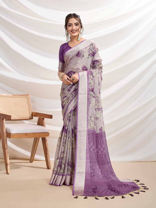 Lavendar Silk Chiffon Viscose Border Floral Printed Saree Saree With Blouse Piece