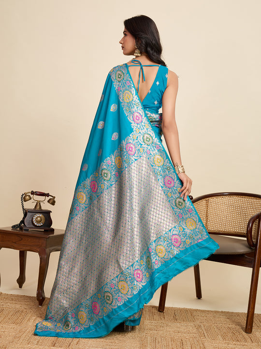 Cyan Blue Pure Jacquard Fabrics With Sona Chandi Pure Zari Work Saree With Blouse Piece