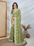 Poly Georgette Geometric Print Saree With Embroidery And Scaloping Work With Unstitched Blouse Piece