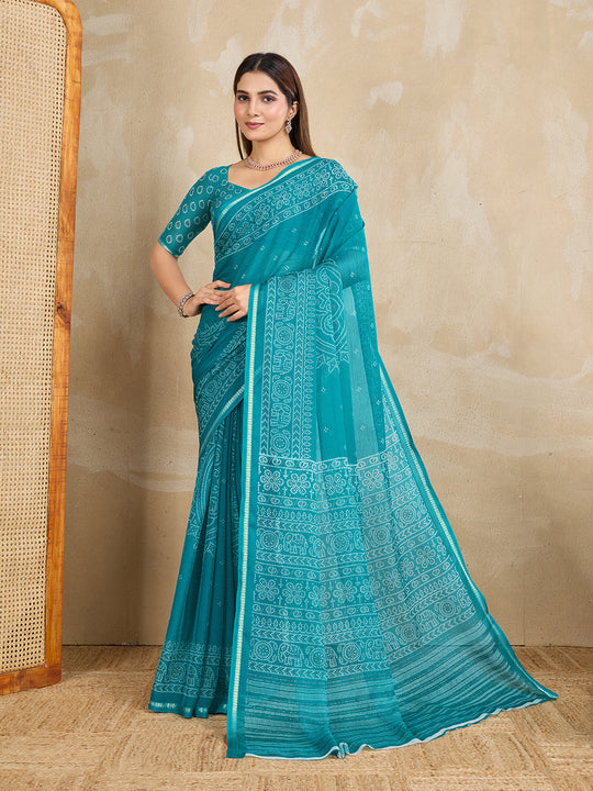 Pure Chiffon Bandhani Printed Saree With Viscose Woven Border And Blouse Piece