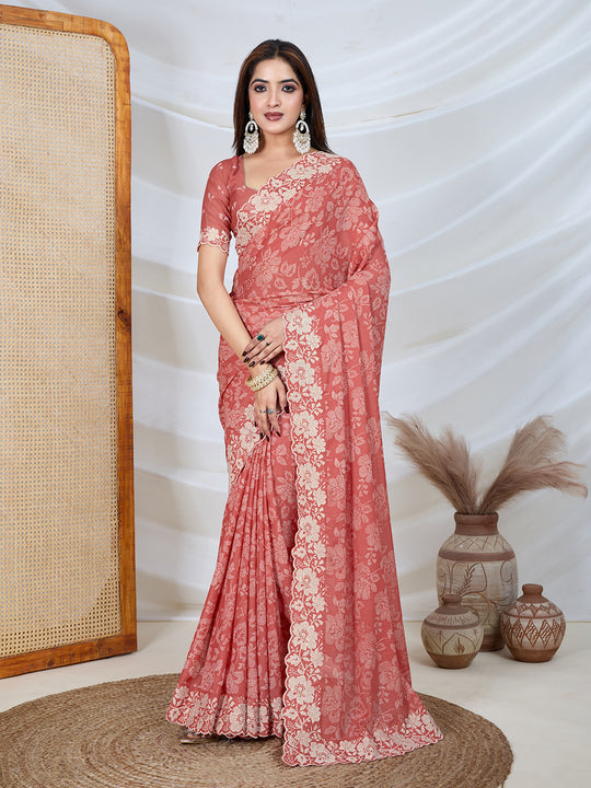 Poly Georgette Geometric Print Saree With Embroidery And Scaloping Work With Unstitched Blouse Piece