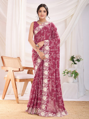 Magenta Poly Georgette Festive Wear Saree With Blouse Piece