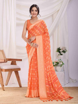 Orange Pure Chiffon Viscose Border Block Printed Saree With Blouse Piece