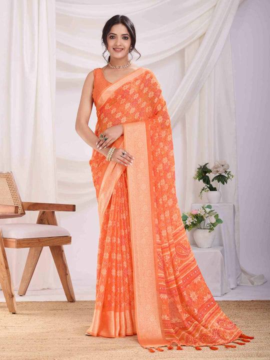 Orange Pure Chiffon Viscose Border Block Printed Saree With Blouse Piece