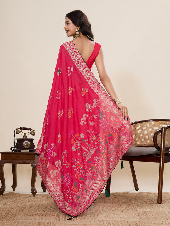 Red Cotton Saree With All Over Light Single Colour With Table Printed And Border Piping Saree With Blouse Piece