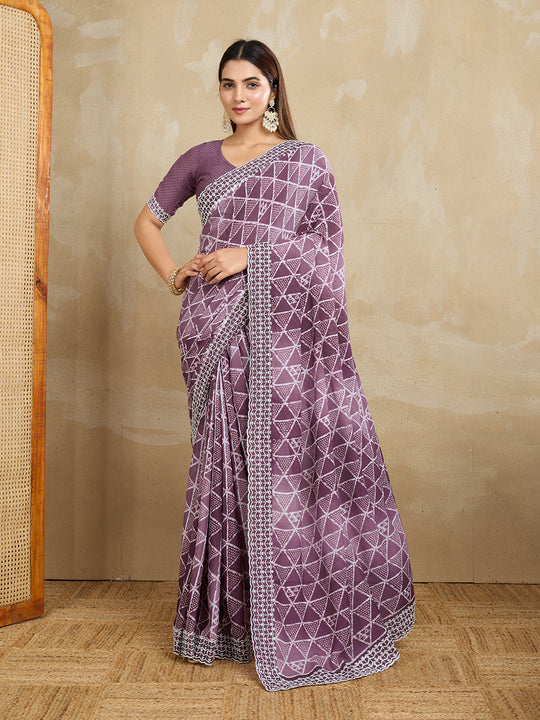 Poly Georgette Geometric Printed Saree With Embroidered Border And Blouse Piece