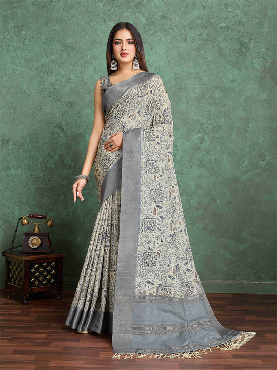 Cream Pure Handloom Tussar Woven Pallu Ajrakh Printed With Blouse Piece