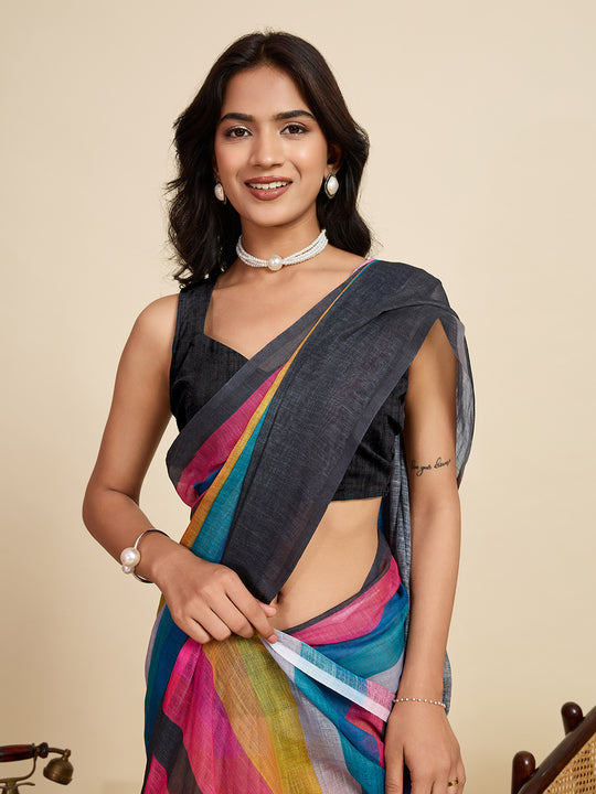 Multicolour Linen Saree With Jari Border All Over Single Colour Printed Saree With Blouse Piece