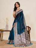 Teal Pure Satin Silk Gala Border Concept Weaved With Jari And Minakari Rich Pallu Saree With Blouse Piece