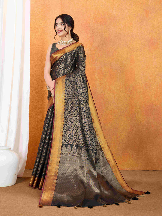 Black Ikkat Woven Kajeevaram Silk Rich Pallu With Blouse Piece