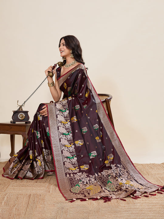 Maroon Soft Silk Sarees Premium Two Tone Satin Fabric With Unique Pathani Type Designs Saree With Blouse Piece