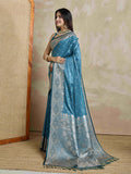 Blue Pure Satin Banarasi Saree With Tassels Saree With Blouse Piece