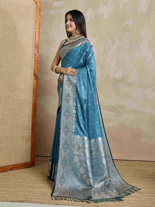 Blue Pure Satin Banarasi Saree With Tassels Saree With Blouse Piece