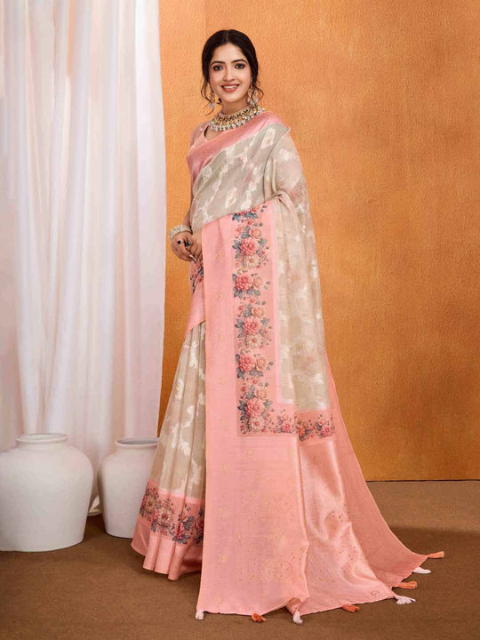 Rose Pink Pure Cotton Lucknowi Woven Banarasi Saree With Ombre Floral Prints