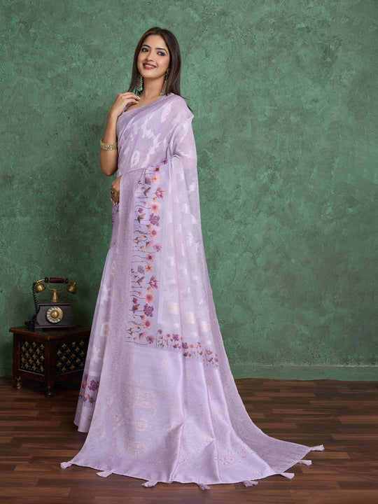 Lavendar Pure Cotton Lucknowi Woven Printed Saree With Tassels Saree With Blouse Piece