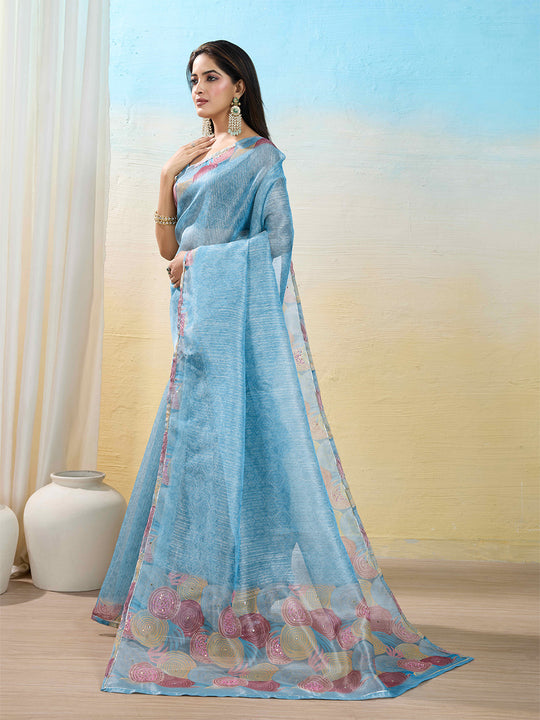 Skyblue Organza Zari Woven Printed Saree With Hand-Sequence Embellishment Saree With Blouse Piece