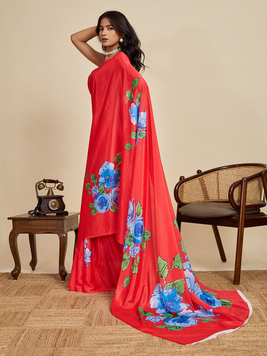 Red Chinon Saree All Over Single Colour Printed Saree With Blouse Piece