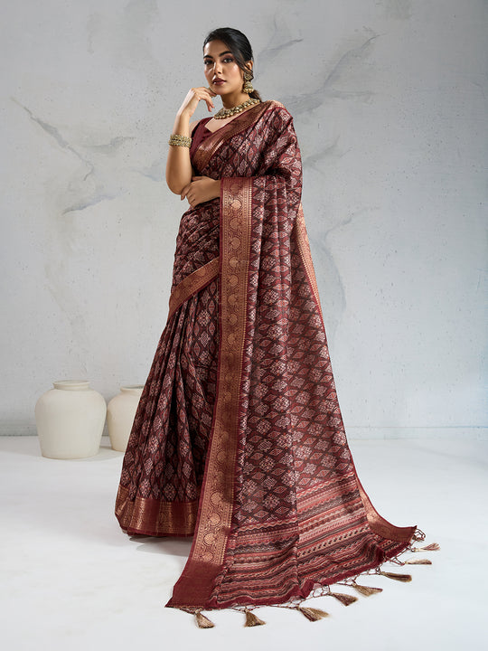 Poly Silk Woven Floral Digital Printed Saree With Woven Jacquard Border And Fancy Tassels