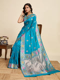 Cyan Blue Pure Jacquard Fabrics With Sona Chandi Pure Zari Work Saree With Blouse Piece