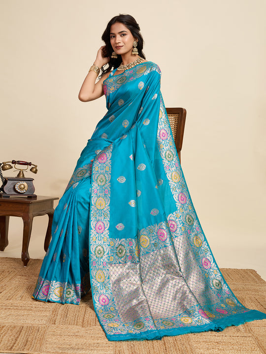 Cyan Blue Pure Jacquard Fabrics With Sona Chandi Pure Zari Work Saree With Blouse Piece