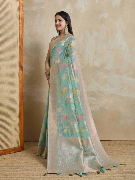 Seagreen Organza Banarasi Woven Rich Pallu With Blouse Piece