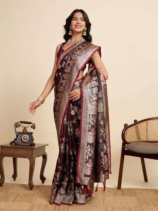 Maroon Soft Silk Sarees Premium Two Tone Satin Fabric With Unique Designs Saree With Blouse Piece