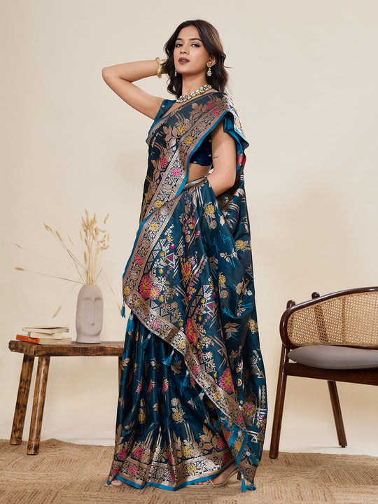 Teal Soft Silk Sarees Premium Two Tone Satin Fabric With Unique Pathani Type Designs Saree With Blouse Piece