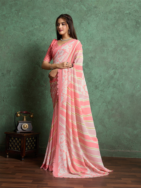 Poly Chiffon Leheriya Printed Saree With A Floral Touch And Swaroski Work With Scalloping