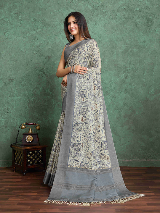 Cream Pure Handloom Tussar Woven Pallu Ajrakh Printed With Blouse Piece