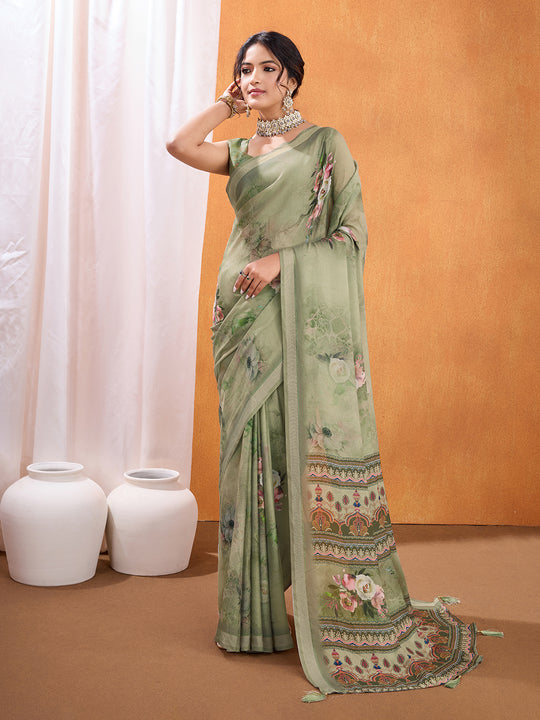 Green Poly Crepe Party Wear Saree With Blouse Piece