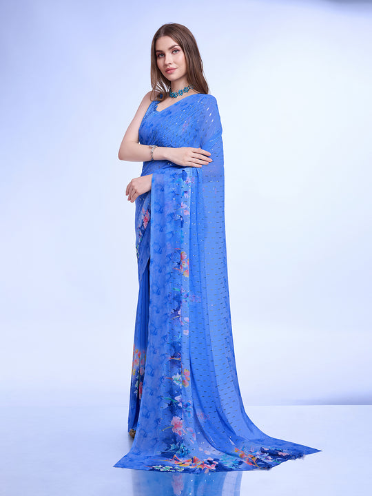 Blue Poly Chiffon Festival Saree With Blouse Piece