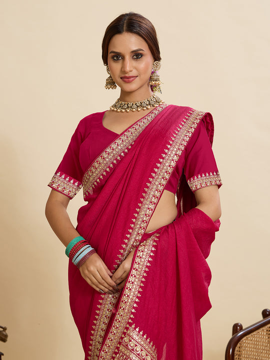 Maroon Vichitra Soft Silk Saree With Blouse Piece