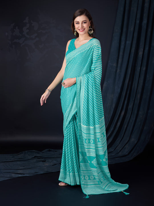 Teal Poly Georgette Saree With Blouse Piece