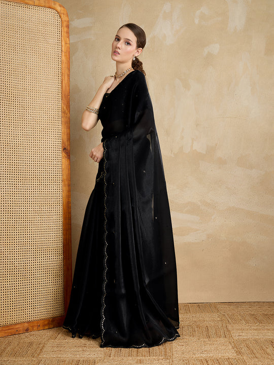 Embellished Mirror Work Organza Saree With Blouse Piece